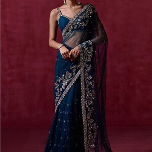 Embroidered Navy Blue Saree with Silver Floral Detailing
